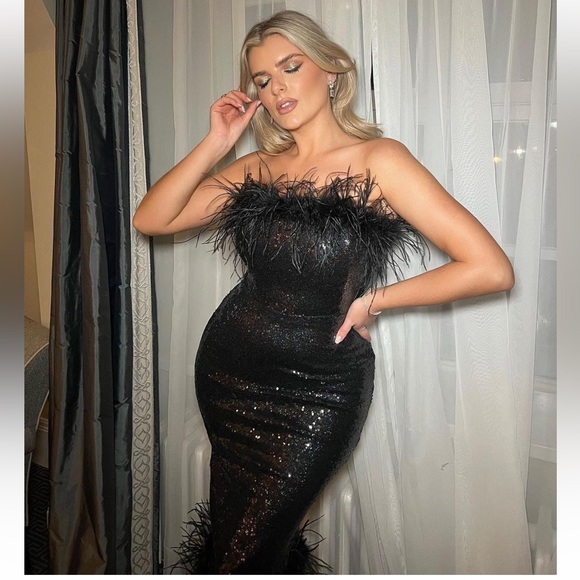 GORGEOUS NEW SEASON Lavish Alice Bandeau Dress with Feather Trim in Black Sequin - Picture 4 of 11